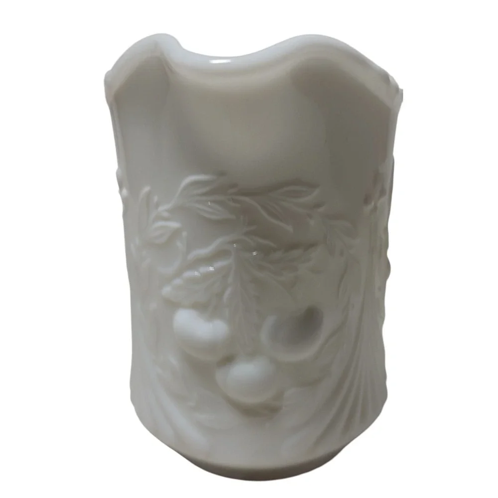Vintage LG Wright Creamer White Milk‎ Glass Cherries Pattern Glass Pitcher Vase
